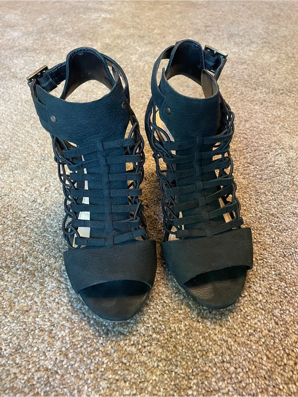 Vince Camuto black Caged  Strappy Gladiator Open-Toe Heeled Sandals - Women Sz 6
